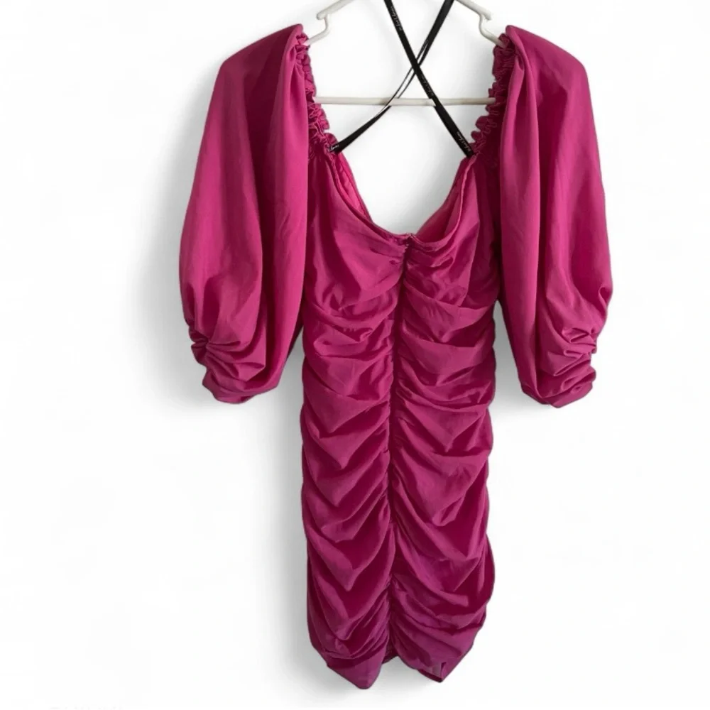 For Love & Lemons Elegant Pink Ruched Puff‎ Sleeve Mini Dress Womens Size XS/S - Picture 5 of 8